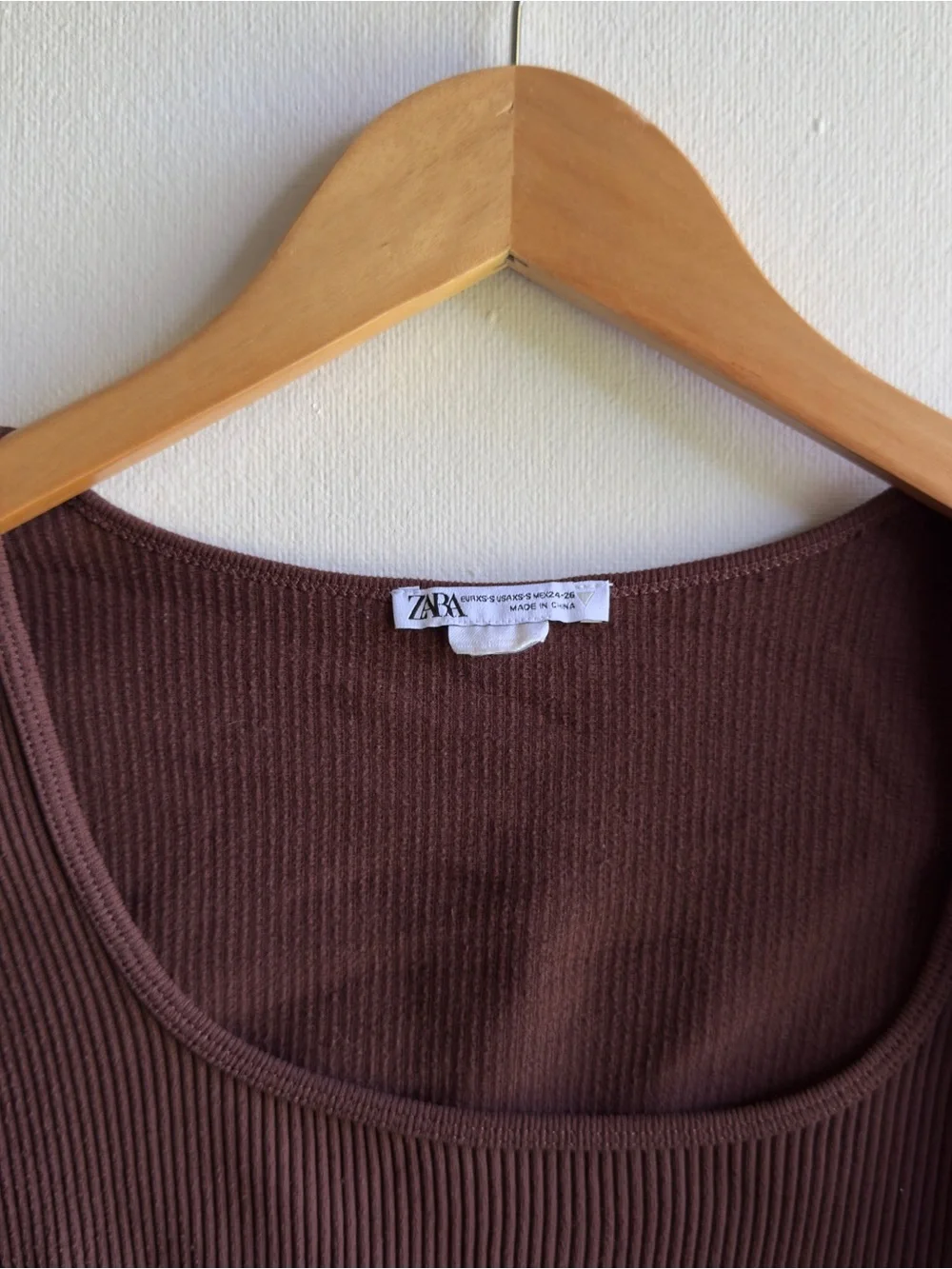 Zara Ribbed Long Sleeve Crop Top in Brown